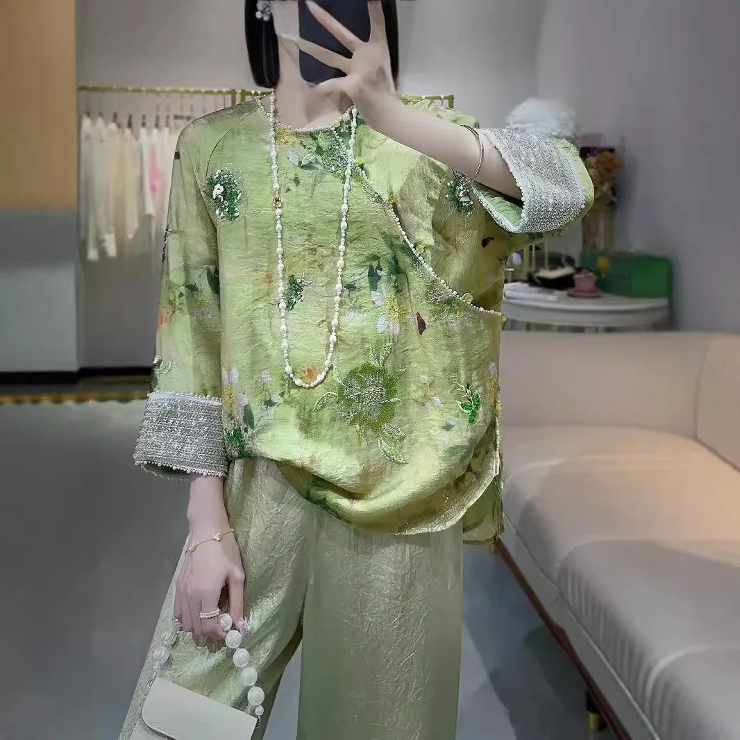 

High-end Spring and Summer Women Jacket Top Chinese Style Embroidery Elegant Lady Beading Linen Coat Female S-XXL