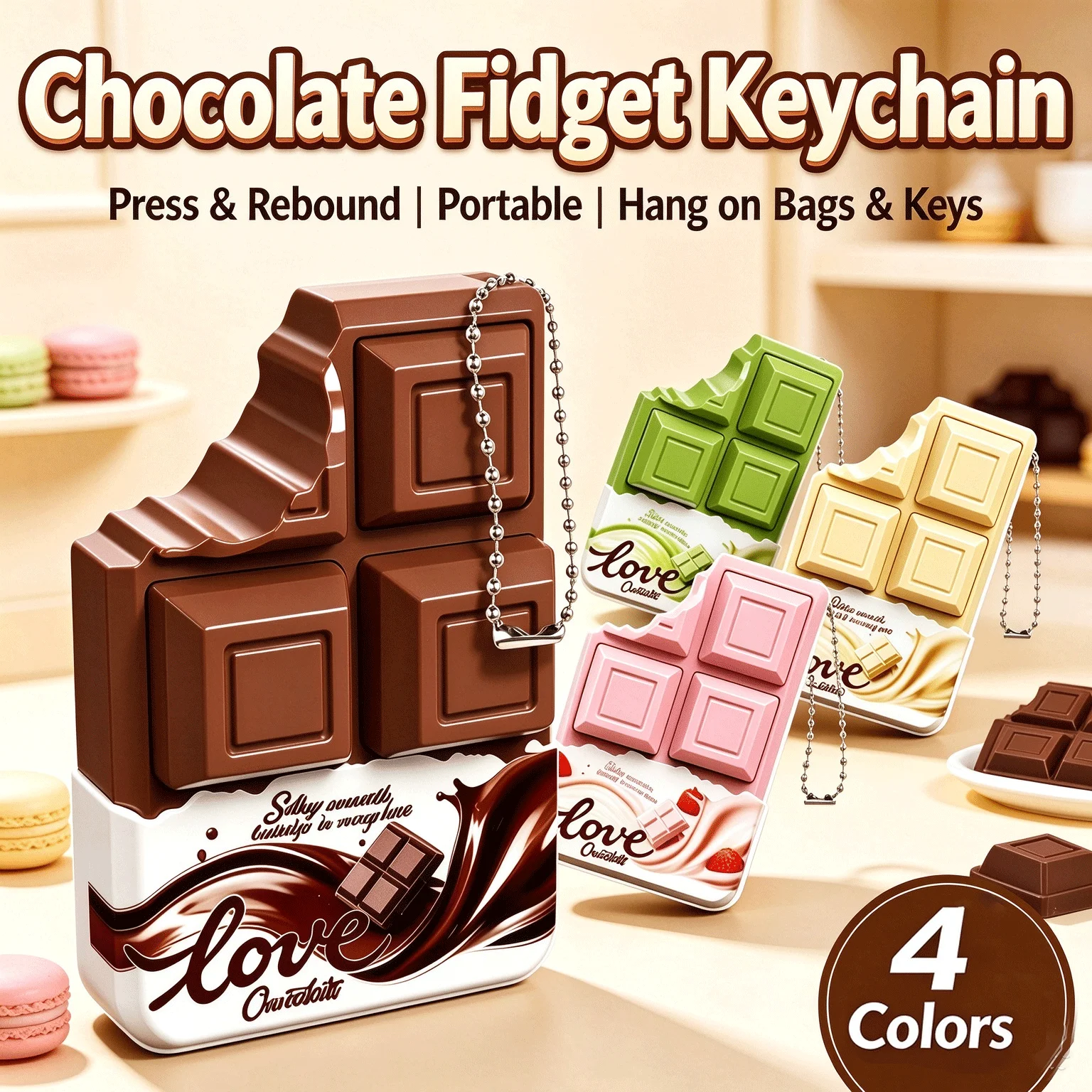 Chocolate Bar Fidget Clicker Keychain Simulated Chocolate Keyboard Button Pendant Stress Relief Sensory Toy Creative Gadget Gift