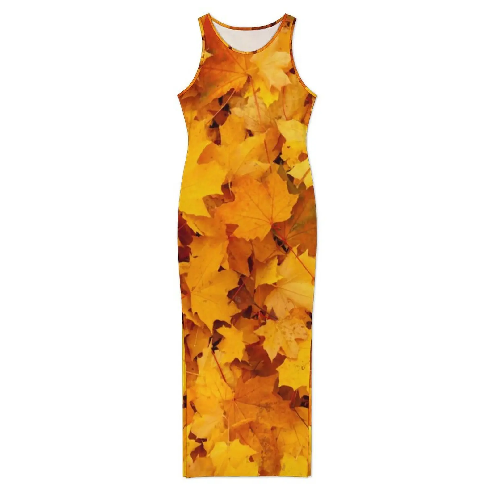 Golden Leaves Bodycon Dress Spring Maple Leaf Print Vintage Maxi Dresses Woman Graphic Korean Fashion Dress Big Size 3XL 4XL
