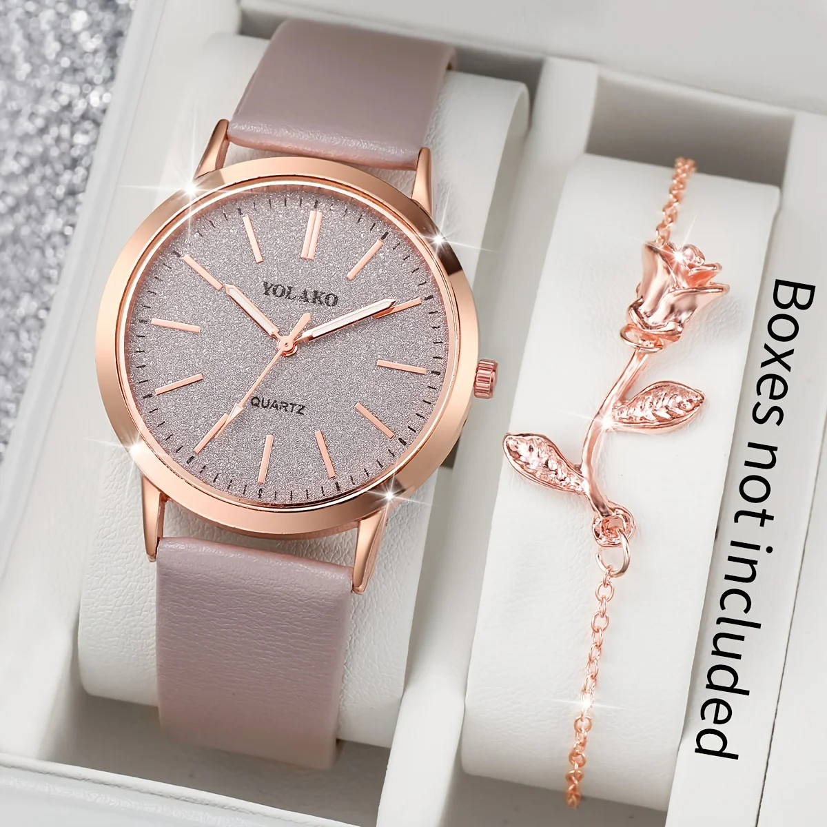 2pcs/set Glamorous Womens Watch & Rose Bracelet Duo - Shiny Quartz Timepiece with Analog Display & PU Leather Strap