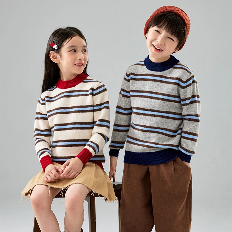 

Boys 100% Wool Sweater Winter Thickening Teenager Childrens Stripe Wool Sweater Girls Long Sleeves Sweater Kids O-neck Sweater