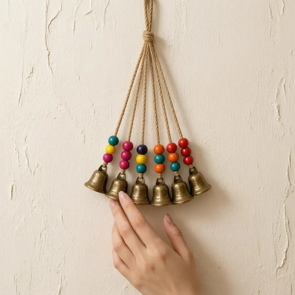 Bohemian Door Bell Hanging Sounding Wind Bells Bohemian Metal Bell Pendant with Wooden Beads Jute Rope Wind Chime Retro for Home