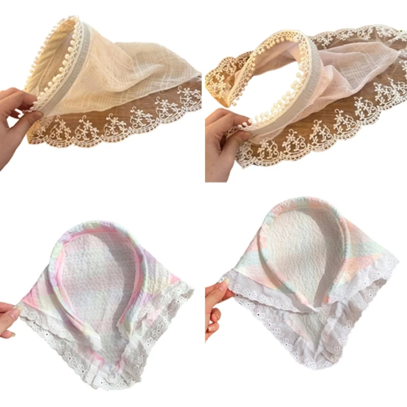 Delicate Lace Trim Kerchiefs Teens Girl Summer Spring Hair Scarf Sheer Hairband for Women Photo Hair Kerchiefs M6CD