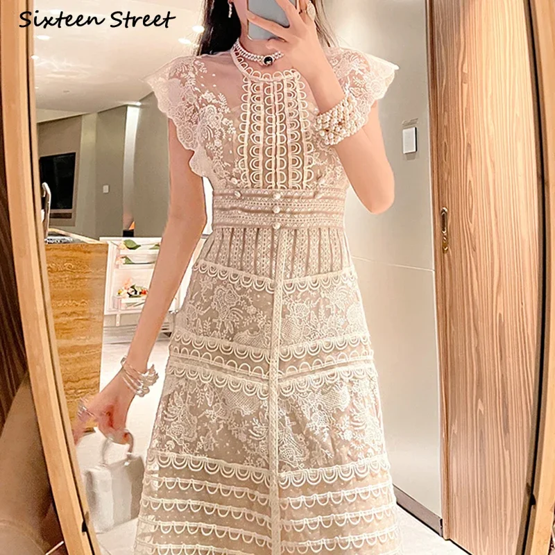 Party Lace Dress Women Apricot  Vintage Embroidery Flora Evening Vestido Women Clothing Sleeveless Elegant Dresses Patch