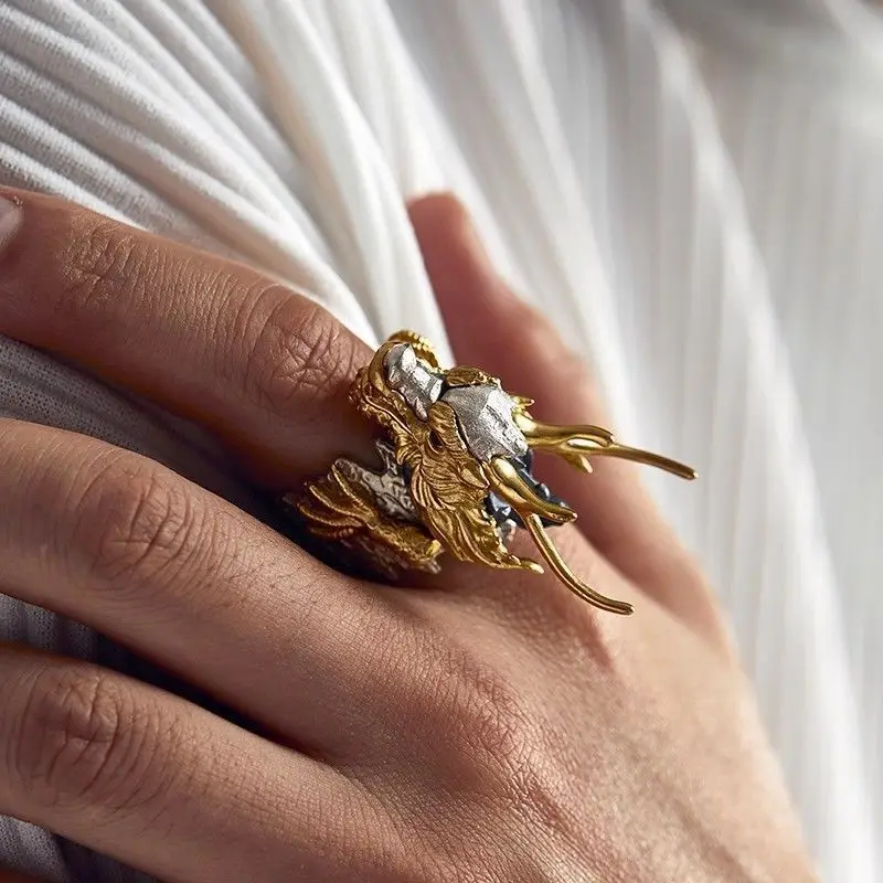Men's Vintage Chinese Dragon Head Ring - Bold Gold Plated Open Band, Majestic Oriental Punk Jewelry, Edgy Party Accessory