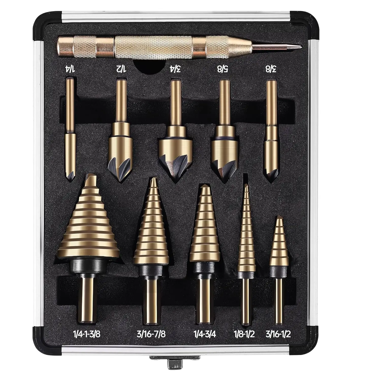 

5Pcs Step Drill Bit & 5Pcs Countersink Set, Titanium Coated HSS for Metal with Aluminum Case, Multiple Sizes DIY