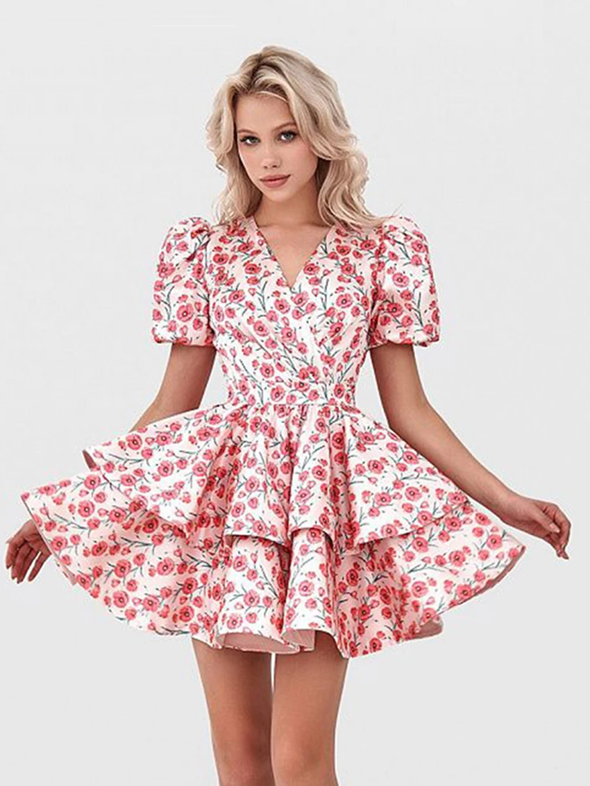 

Marthaqiqi Elegant Women Nightgowns Short Sleepwear Sexy V-Neck Pajamas Mini Dress Prairie Chic Printing Winter Ladies Nightwear
