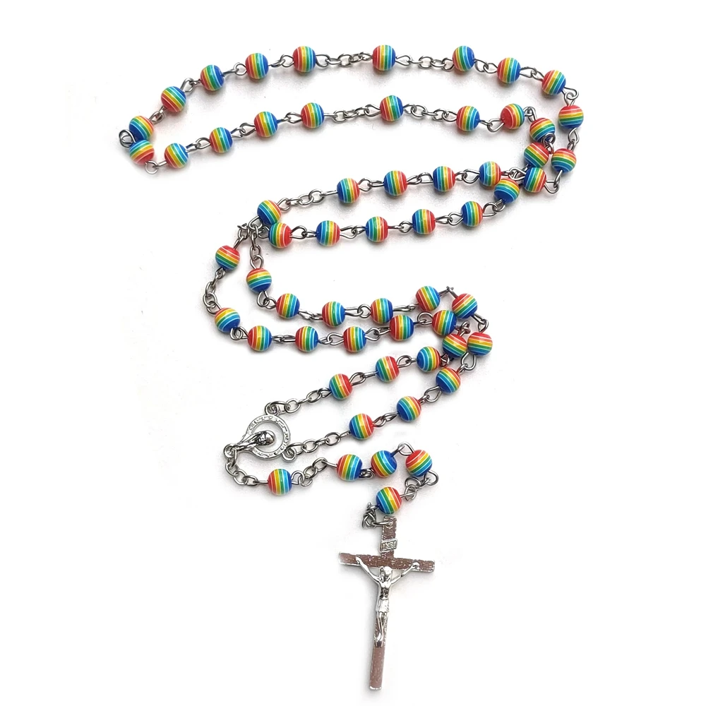 Catholic Jewelry Women Rainbow Resin Rosary Necklace Long Crucifix Pendant