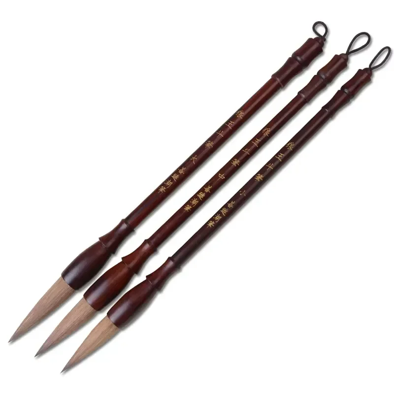 Antique high quality Chinese calligraphy 3 brushes set weasel hair rosewood handle brush wooden case