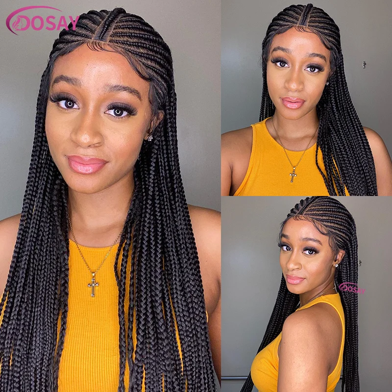 Synthetic Lace Braided Lace Front Wigs For Black Women 36'' 13X8 Hd Lace Knotless Box Cornrows Braids Fulani Micro Braided Wigs