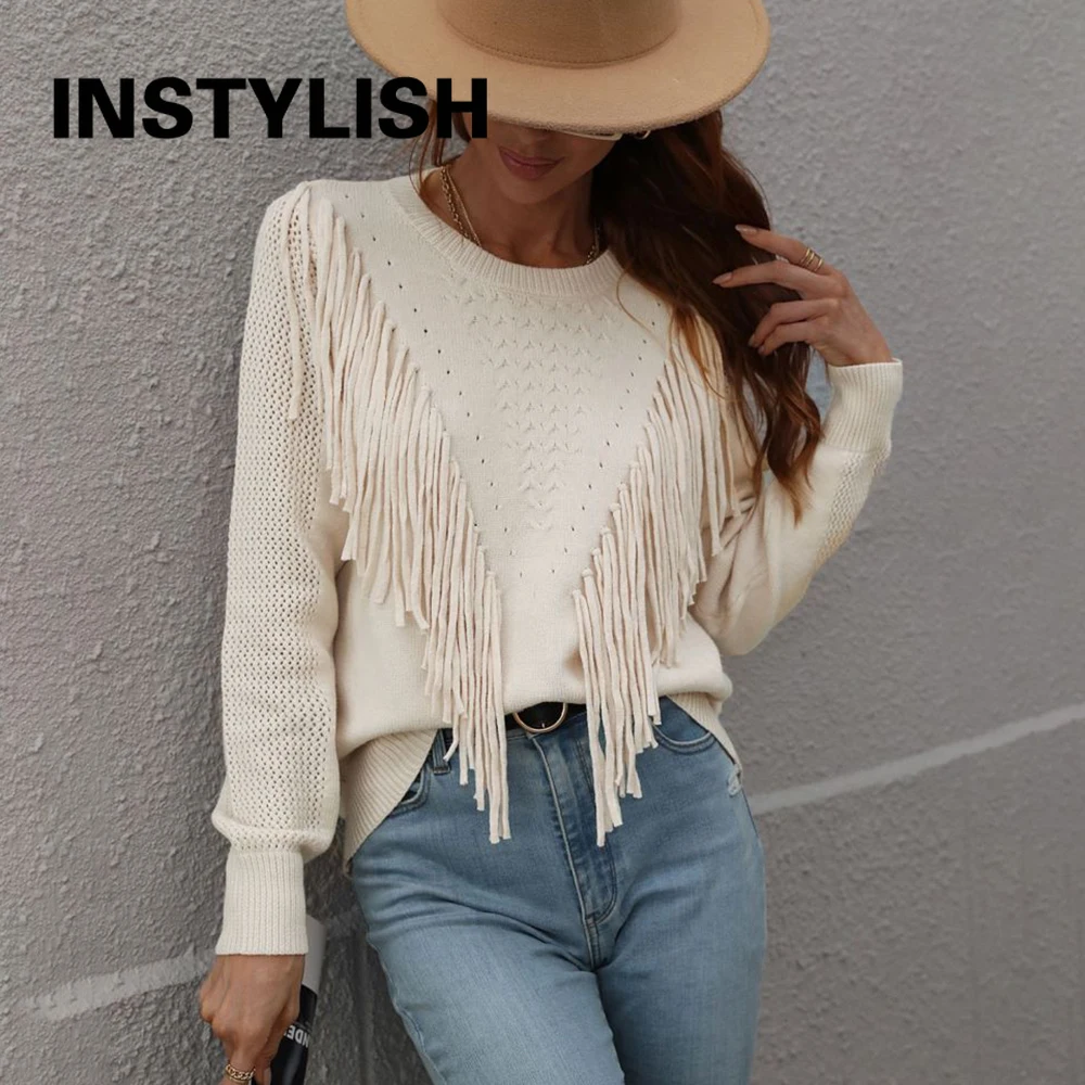 Autumn Tassel Knit Sweater Women Hollow Out Long Sleeve O Neck Loose Pullover Vintage Harajuku Oversized Jumper Streetwear Tops