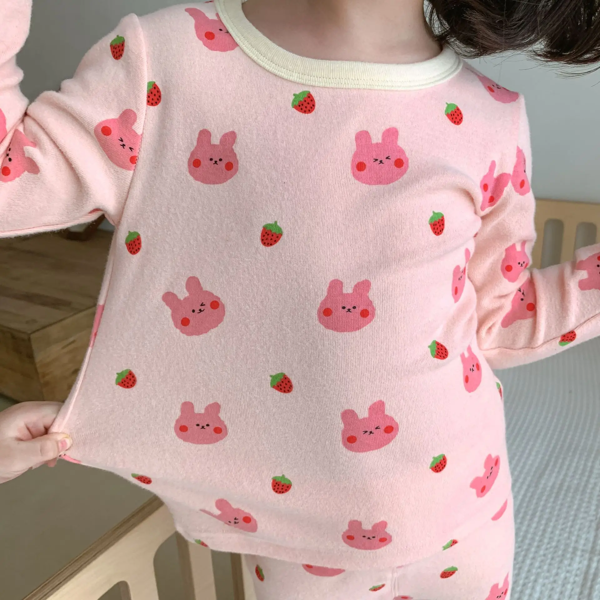 2024 Autumn Winter New Childrens Girls Brushed Underwear 2PCS Set Baby Girl Cartoon Printed Cotton Pajamas Kid Girl Home Fur Set