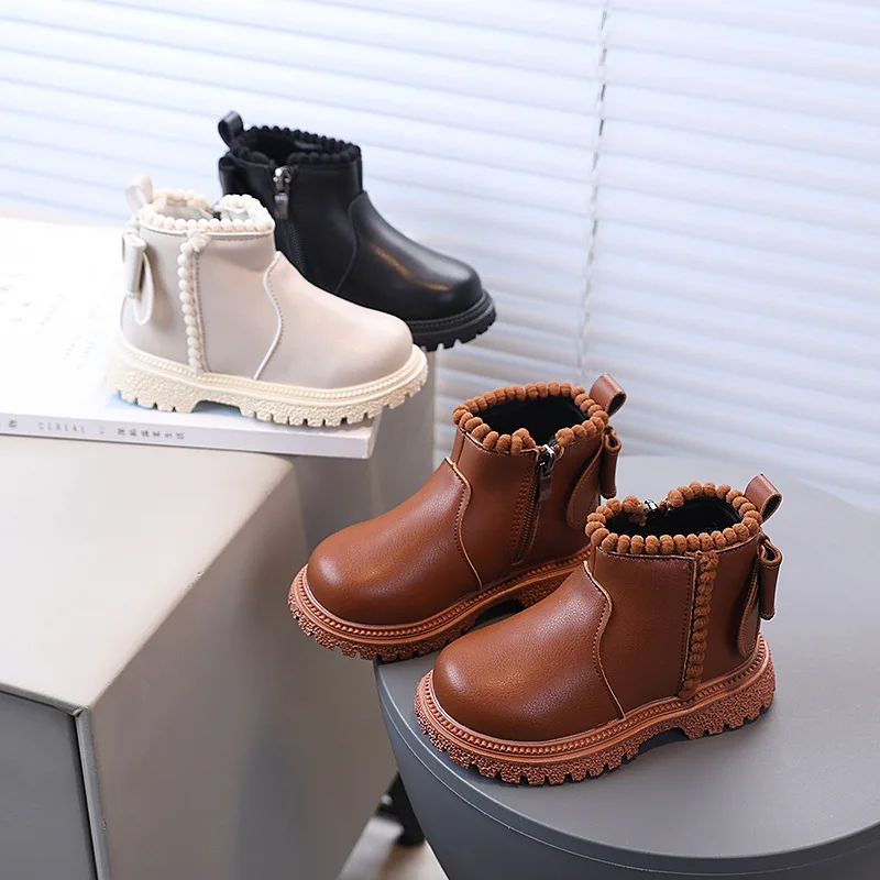 Autumn Girls Ankle Boots with Back Bow-knot Kids Short Boots Soft Sole 2026 New Girls' Princess Leather Boots with Side Zip