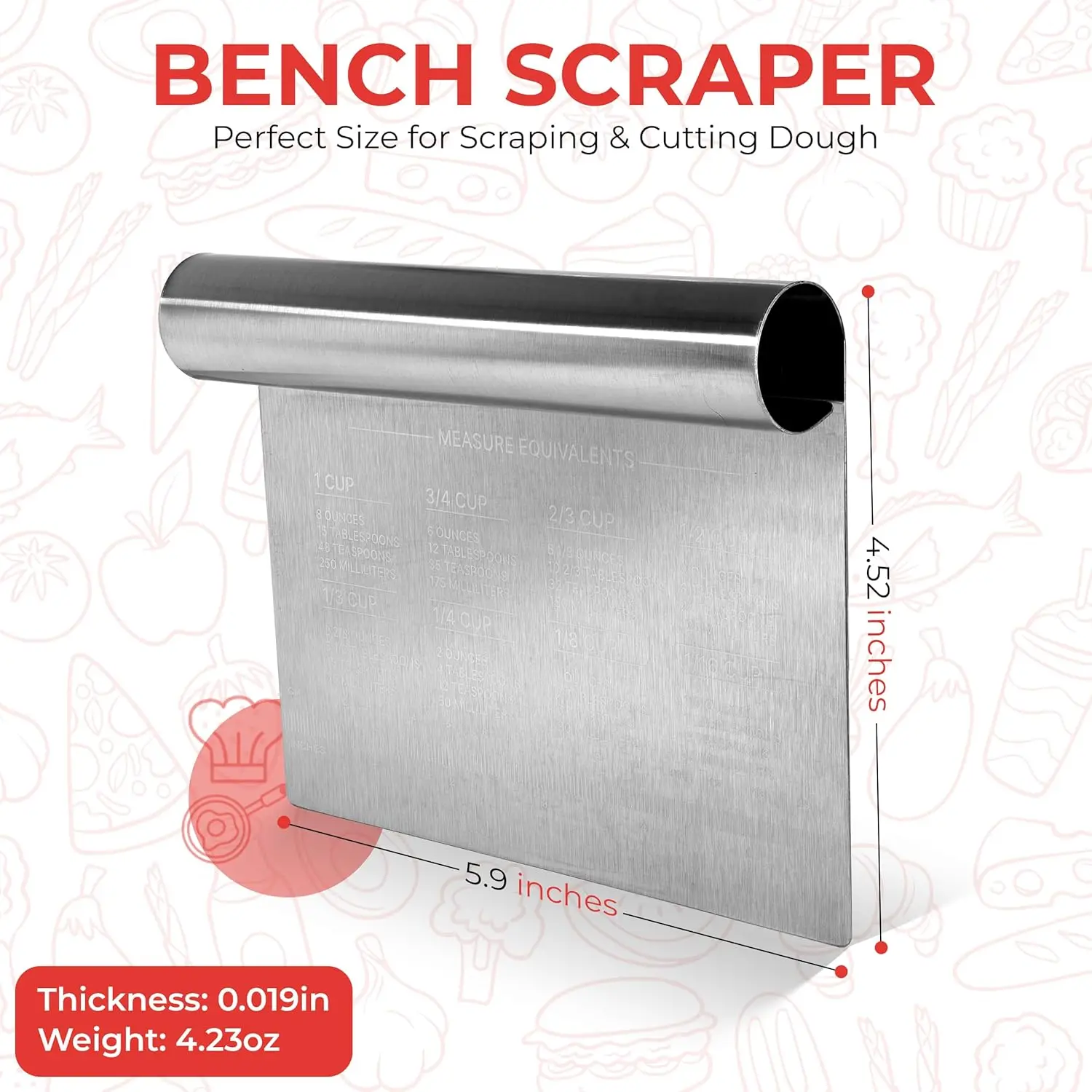 Bench Scraper for Baking, Food Scraper Stainless Steel Blade Dough Cutter with Engraved Measuring Guide & Equivalent Chart, Scra