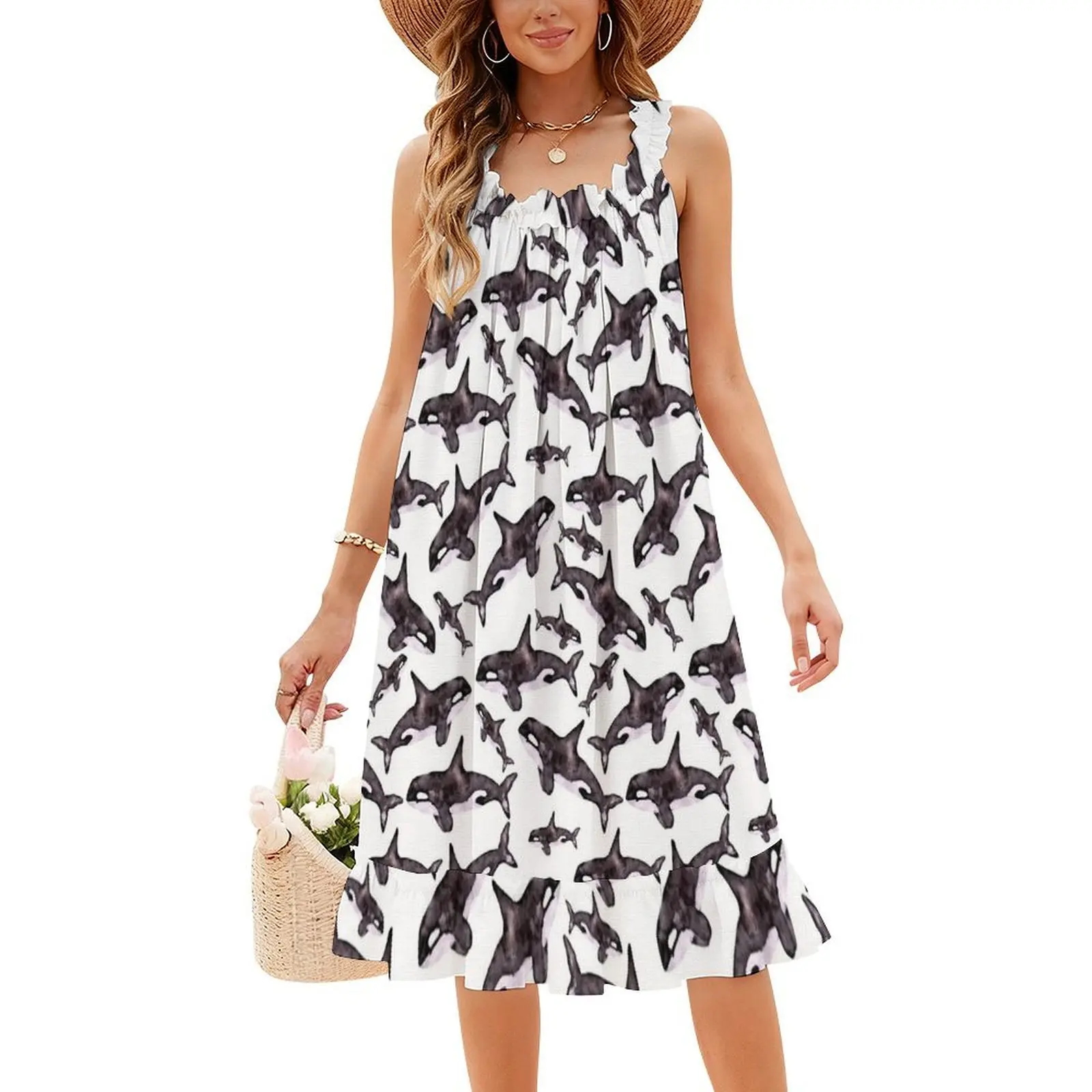 جراب الحوت أوركا بالألوان المائية | فستان بوهيمي بدون أكمام بنمط متعدد الطباعات لحفلات عطلة الشاطئ بألوان مائية قاتل الحوت #4