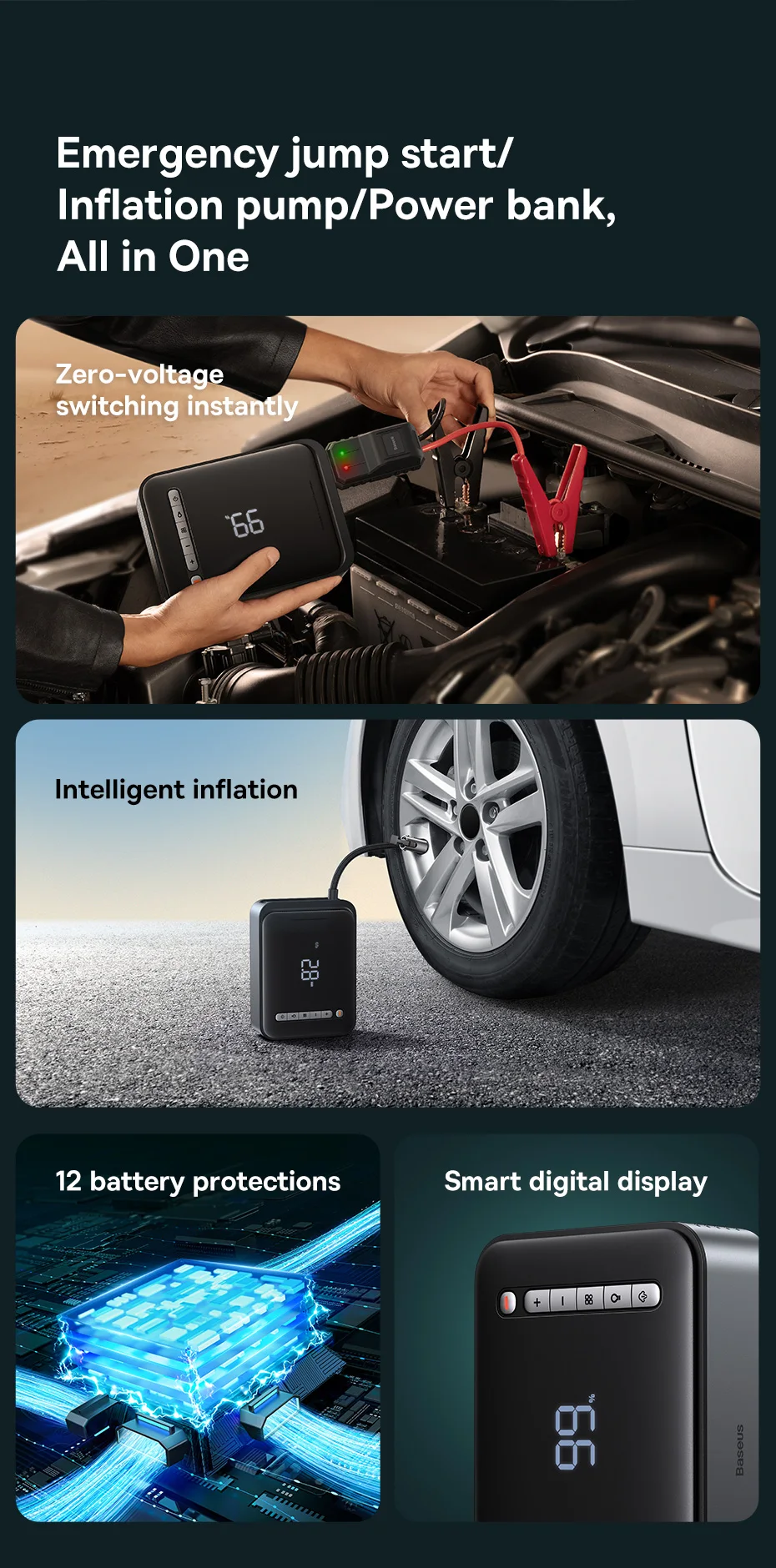 Baseus 1000A Auto-Starthilfe Powerbank 2-in-1 mit Luftpumpe, tragbarer Auto-Batterie-Booster für Notstartgeräte im Auto – Detail 4