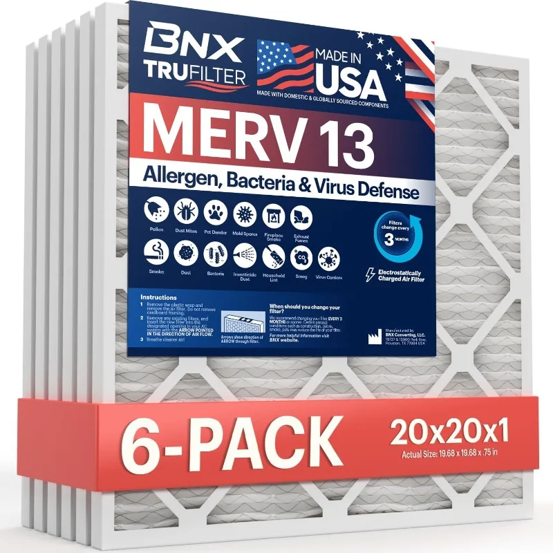 

Air Filters MERV 13 (6 Pack) - Made in the USA - Electrostatic Pleated HVAC Air Conditioner Furnace Filters