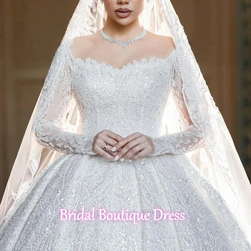 Maßgeschneidertes exquisites Hochzeitskleid mit Stickerei-Perlen, Prinzessin-Ballkleid, volle Hülse, O-Ausschnitt, Brautkleid, Vestido De Novia