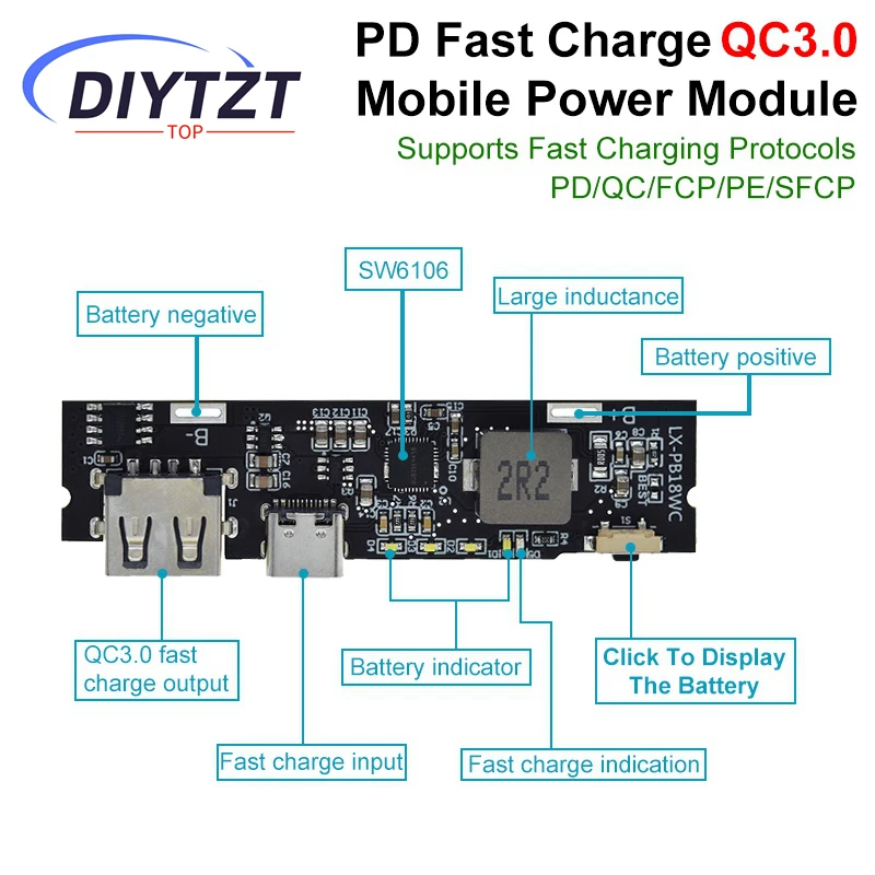 DIYTZT QC3.0 QC2.0 Dual USB 18W Type-C USB SW6106PD شحن سريع باور بانك متنقل 18650 وحدة شحن مع مؤشر