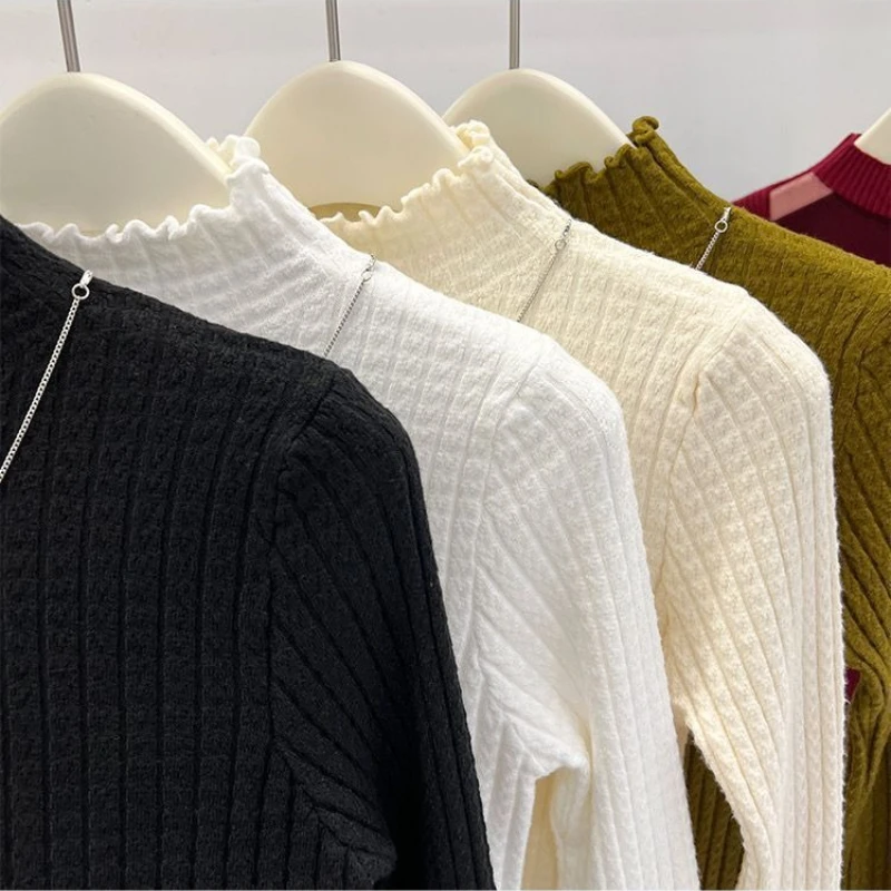 2025 Autumn Winter Turtleneck Ruffles Sweater Women Long Sleeve Knitted Simple Base Layer Pullovers Women Solid Casual Sweater