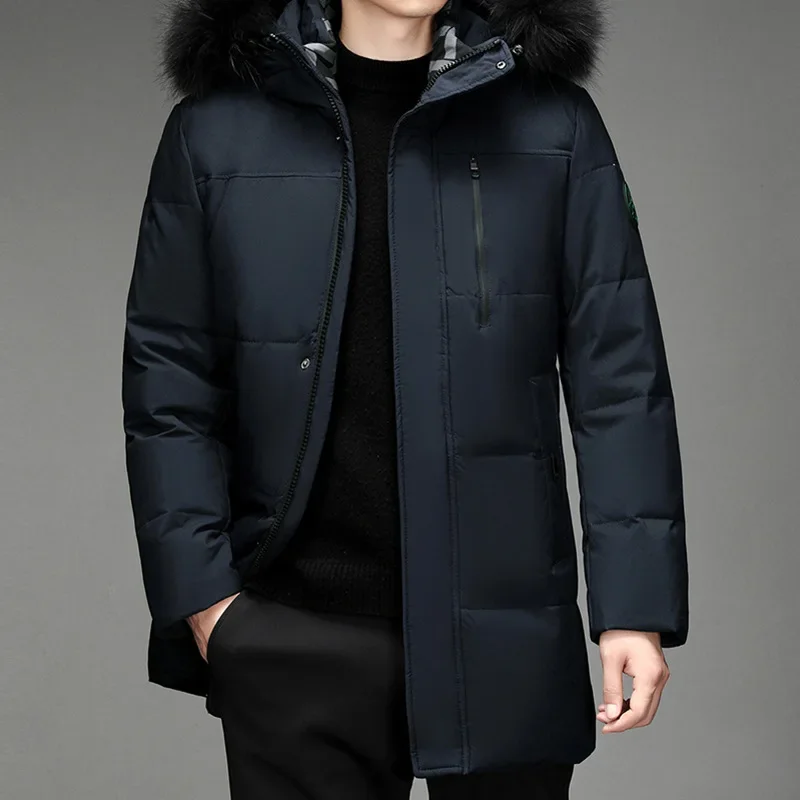 Winter Down Coat for Men Plus Size Mid-Length Thickened Hooded Business Jacket Fur Hooded Men's White Duck Puffer Jackets JK-997