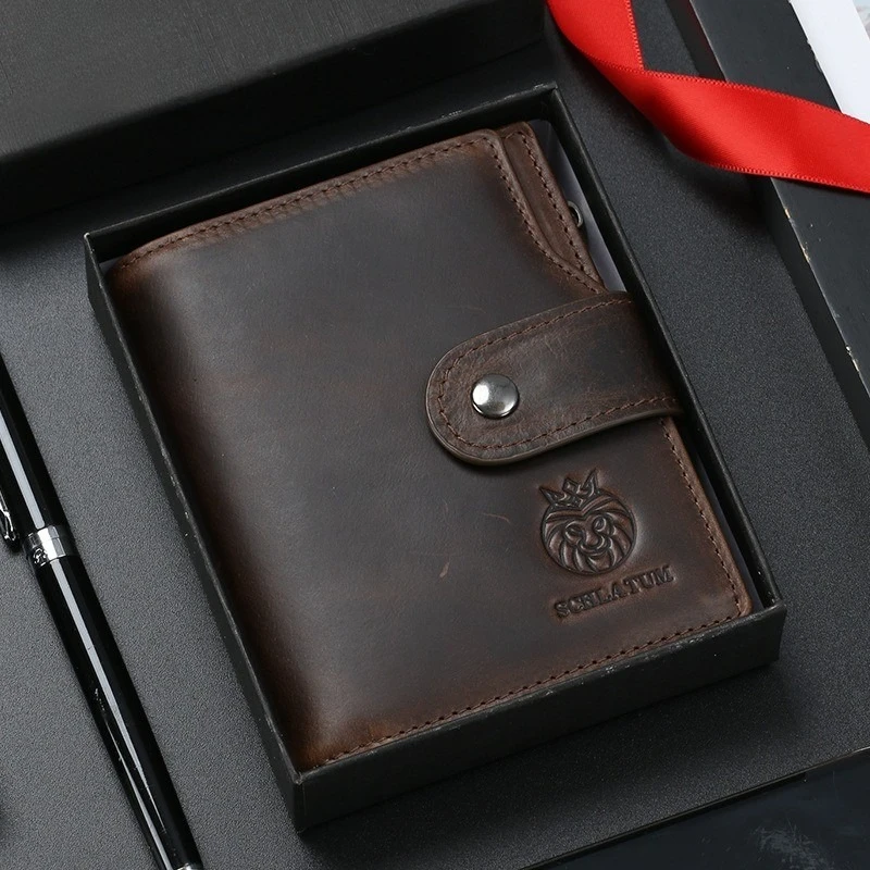 Cartera de cuero genuino con protección RFID antirrobo, 100% piel de vaca de primera capa, estilo retro europeo y americano, cartera vertical corta para hombre.