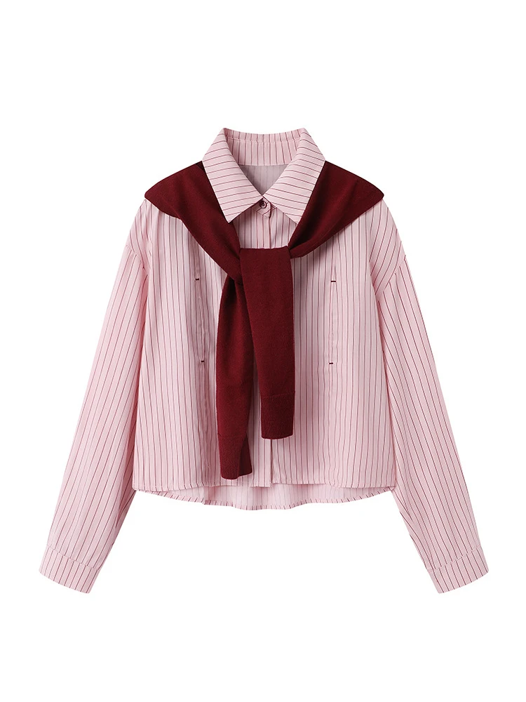 طقم نسائي أنيق من قطعتين بجودة أصلية، قميص محبوك مخطط وشال، أسلوب كوري عصري بأكمام طويلة وياقة بولو