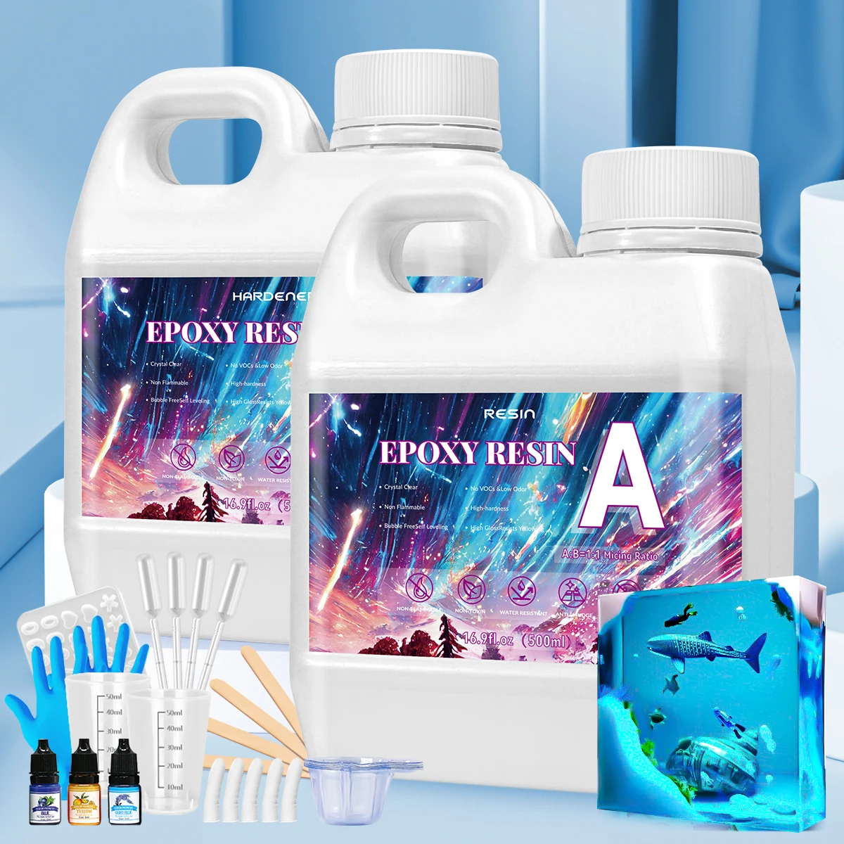 Juego de resina epoxi autonivelante de 500ML, sin burbujas, curado rápido, bajo olor para mesa de río, joyería, funda de teléfono DIY