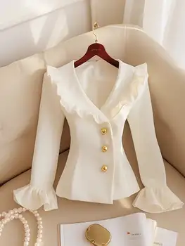 春秋新款時尚短版西裝外套 女裝 法式荷葉邊修身白色緊身腰單排扣Y2K西裝外套上衣 10 最佳銷售 短版西裝外套 - №9