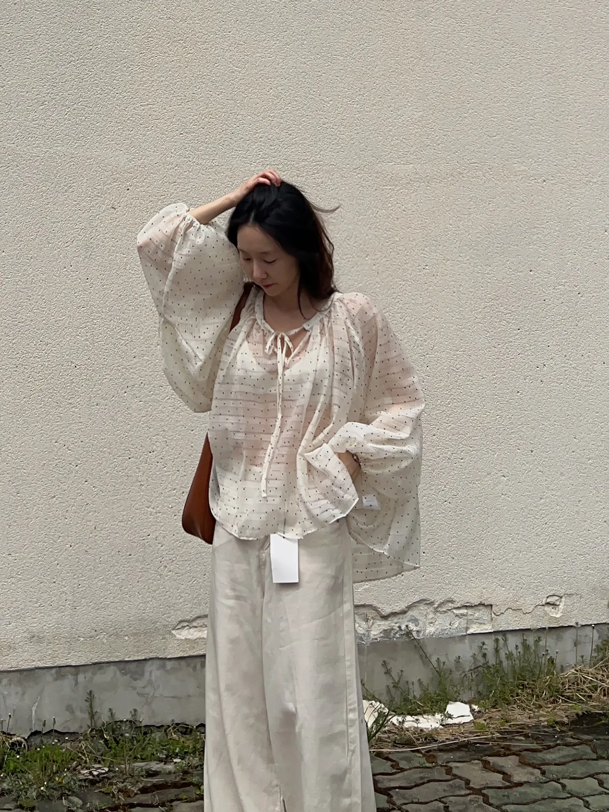

Polka Dot Lantern Sleeve Shirt Women's Drawstring Loose Fit Slimming Thin Sun Protection Cotton Blend V Neck Top