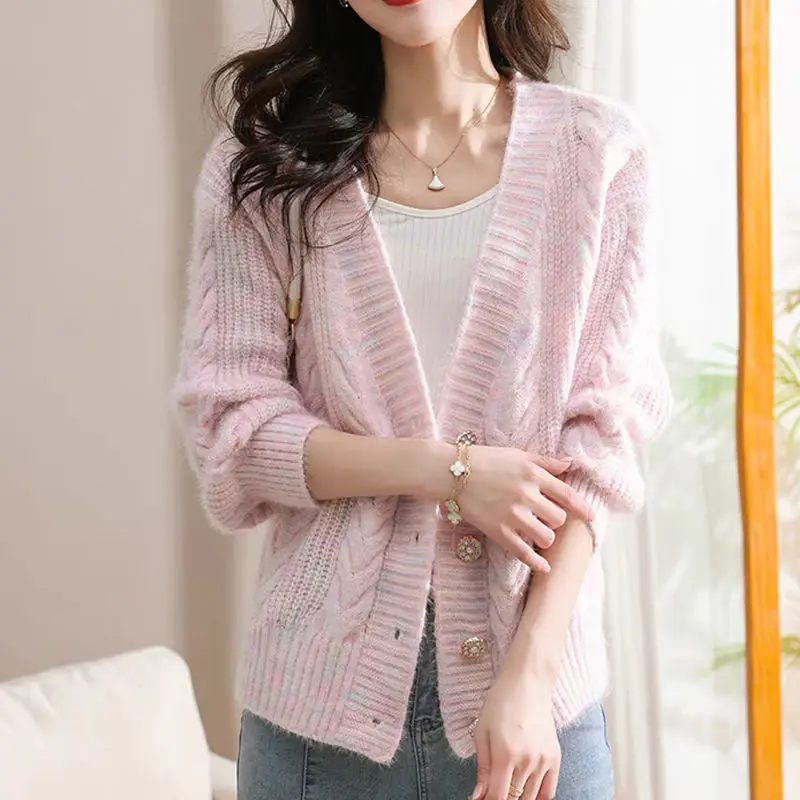 V-neck Knitting Cardigan Coat Women Autumn Winter Loose Temperament Long Sleeve Sweater Office Lady All-match Knitwear Tops