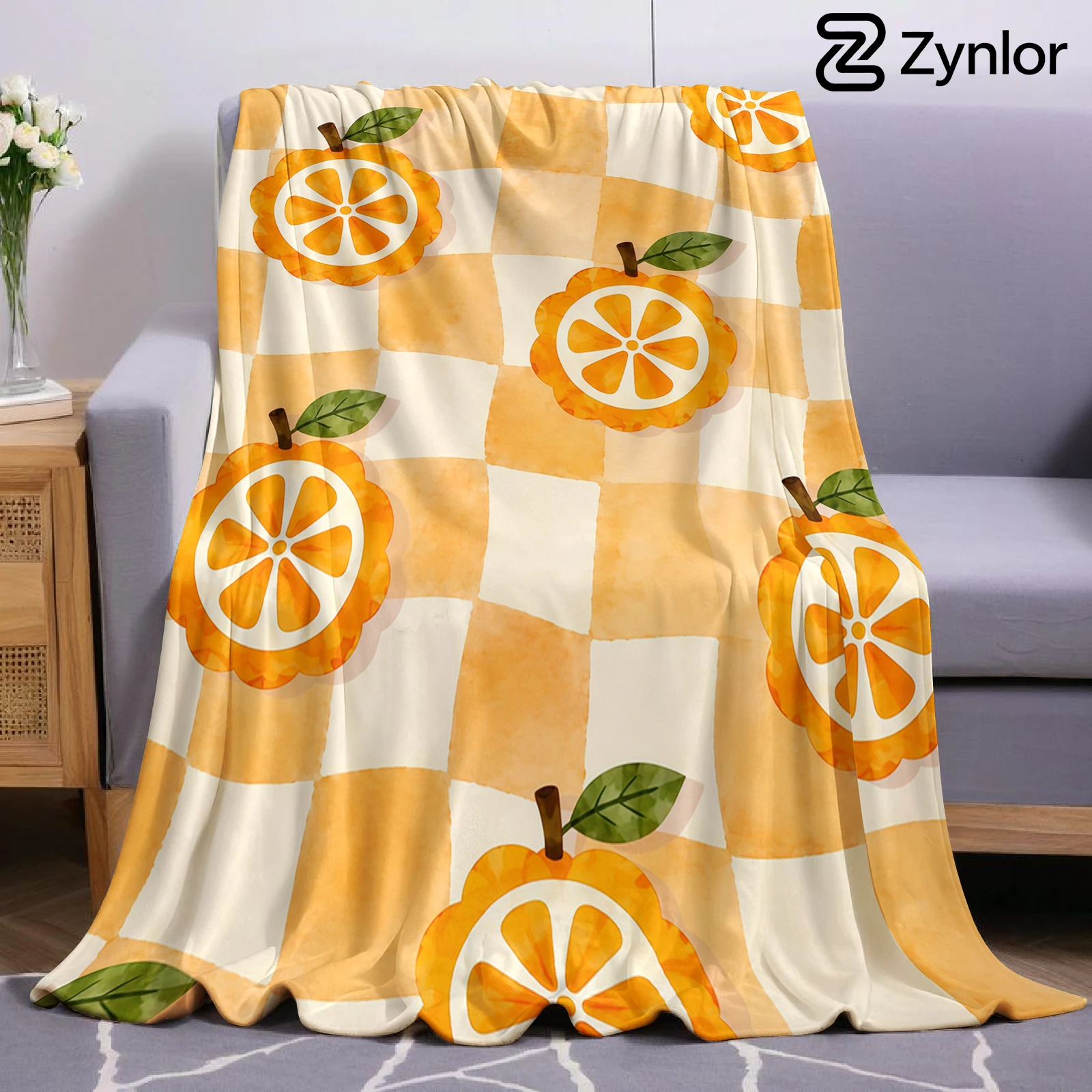 Watercolor Orange Check Cartoon Anime Print Flannel Blanket Soft Warm Throw for Kids Bedroom Sofa Bed Christmas Office Car