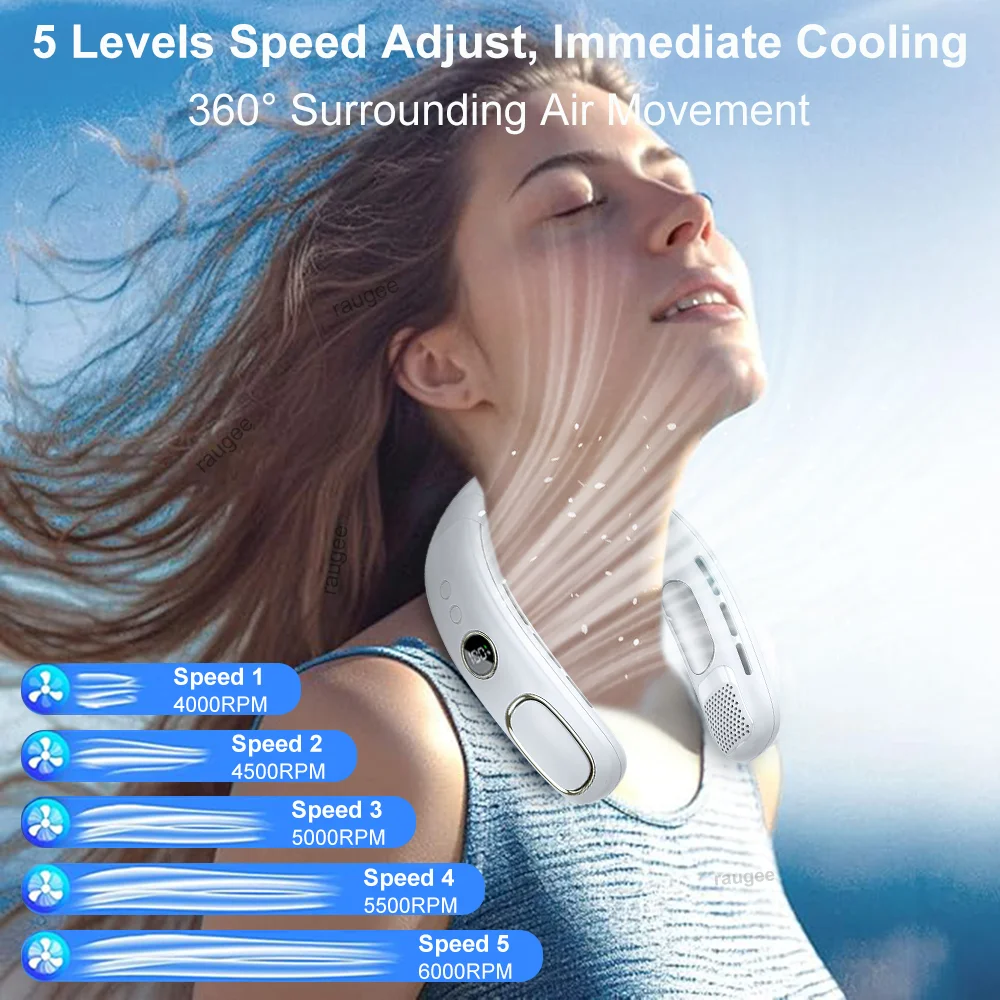2026 New Upgrade Portable Neck Fan Mini Neck Cooler Bladeless Hanging Neck Fan 4000mAh USB Rechargeable Ice Cooling Fan With LED