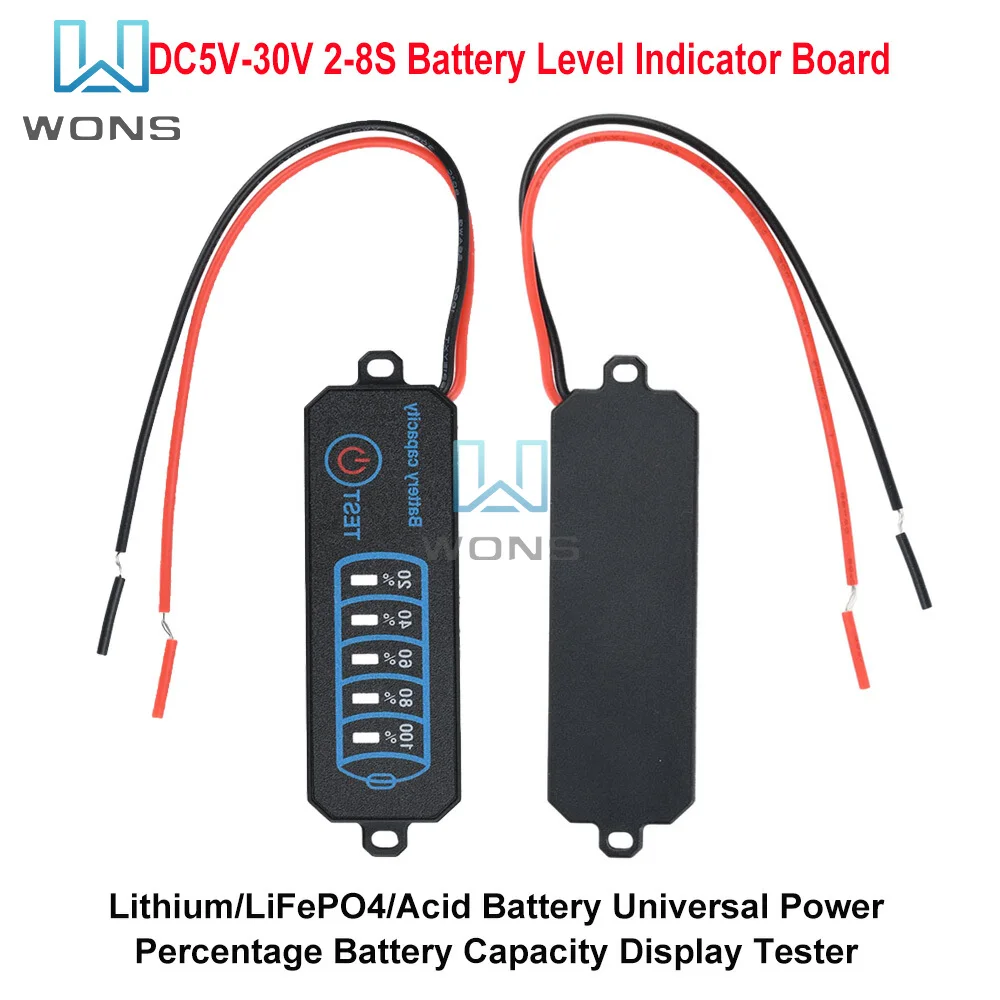 

DC 5V-30V 2-8S Battery Level Indicator Board Lithium/LiFePO4/Acid Universal Power Percentage Battery Capacity Display Tester