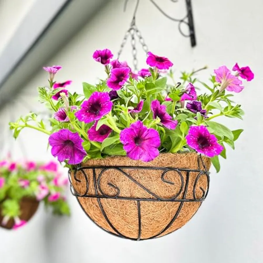 

Outdoor hanging planter for balcony and porch use, black metal wire with coco liner, 20-inch farmhouse country style garden dec