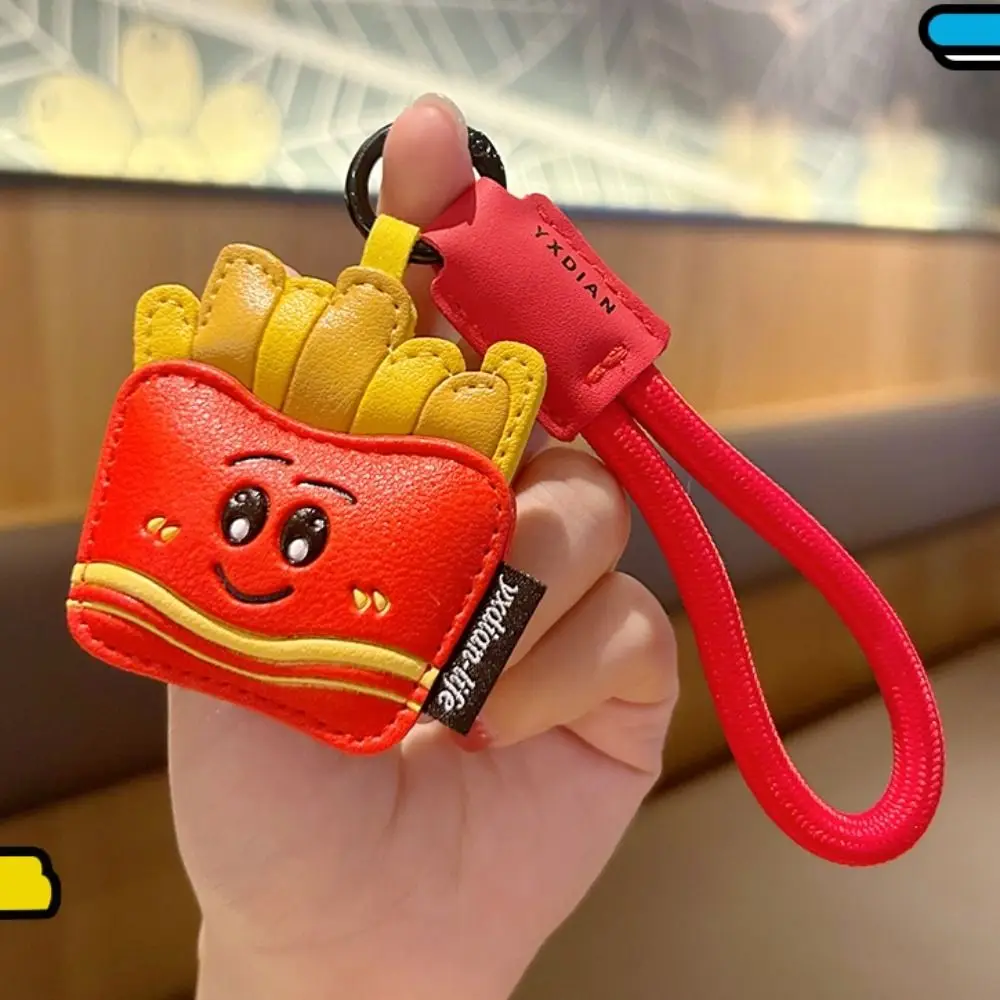 Cute Funny Coffee Cup Shape Keychain Cartoon PU Leather Ice Cream Pendant Bag Hanging Charm French Fries Car Key Ring Girl