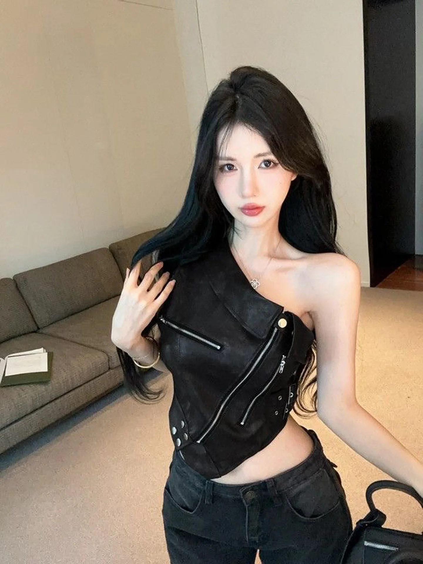 Sexy Short Sleeveless Tank Top Women's Fashion Pure Desire Style Outerwear Breathable Casual Asymmetrical Zipper Design