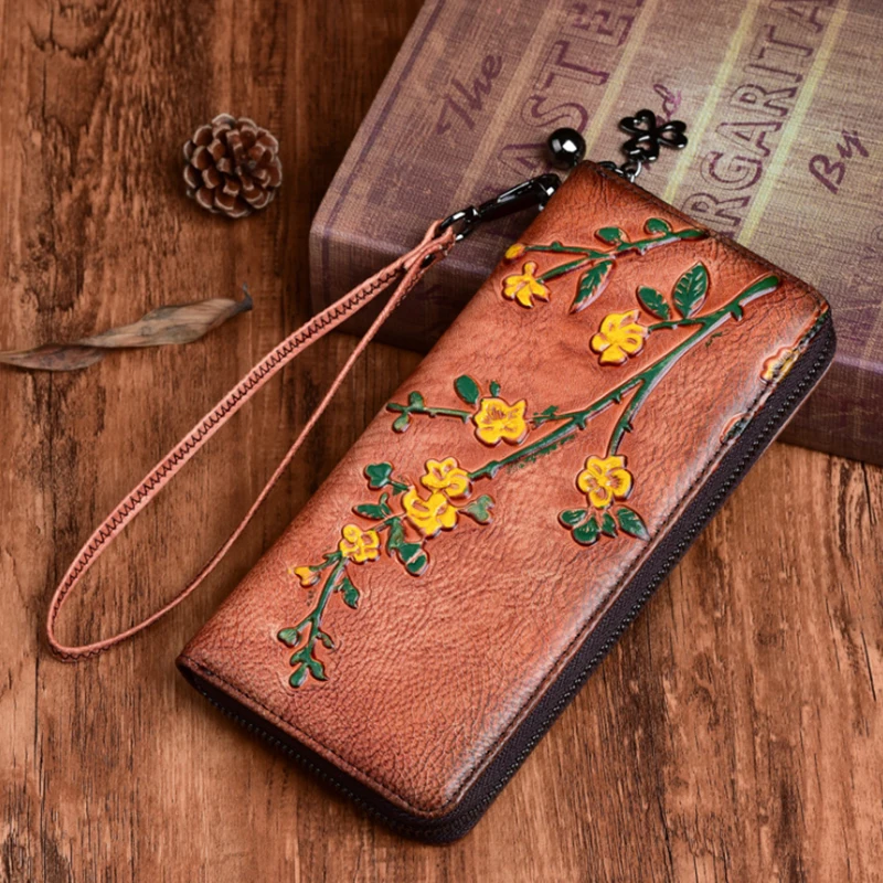 Billeteras Vintage con relieve para mujer, cartera larga con cremallera, monedero, tarjetero, bolso de mano de cuero genuino