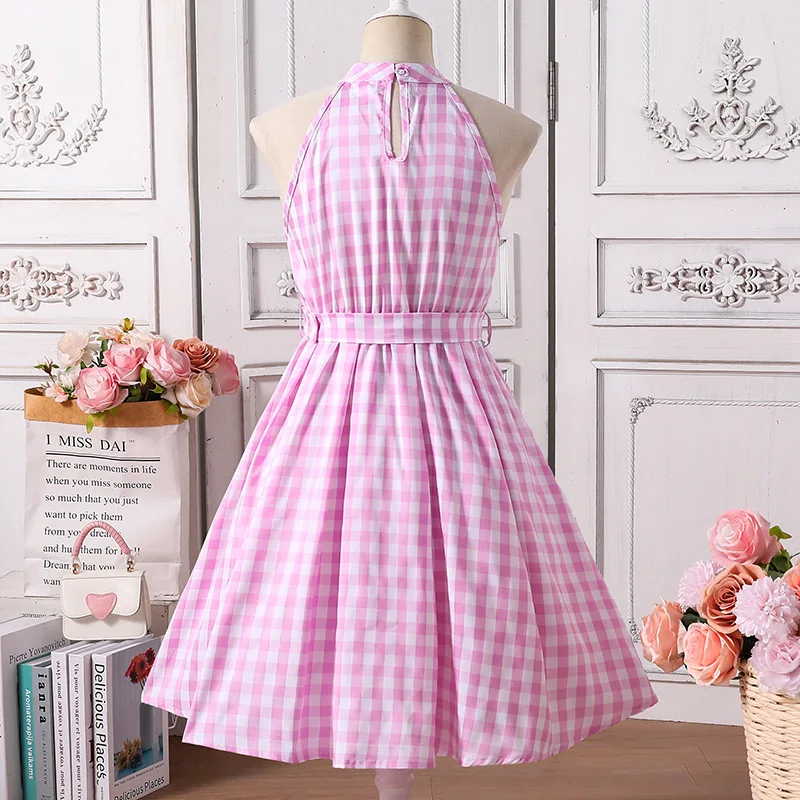 European 2025 Summer New Girls Sleeveless Halter Neck Pink Plaid Princess Dress Sweet Tween Casual Party Dresses Big Kids
