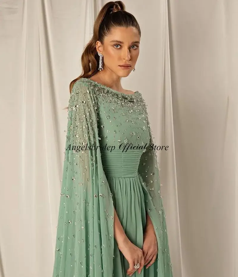 Luxury Cap Sleeves A-line Mint Green Evening Dresses Chiffon Crystals Robe De Soirée Formal Party Prom Gowns for Women