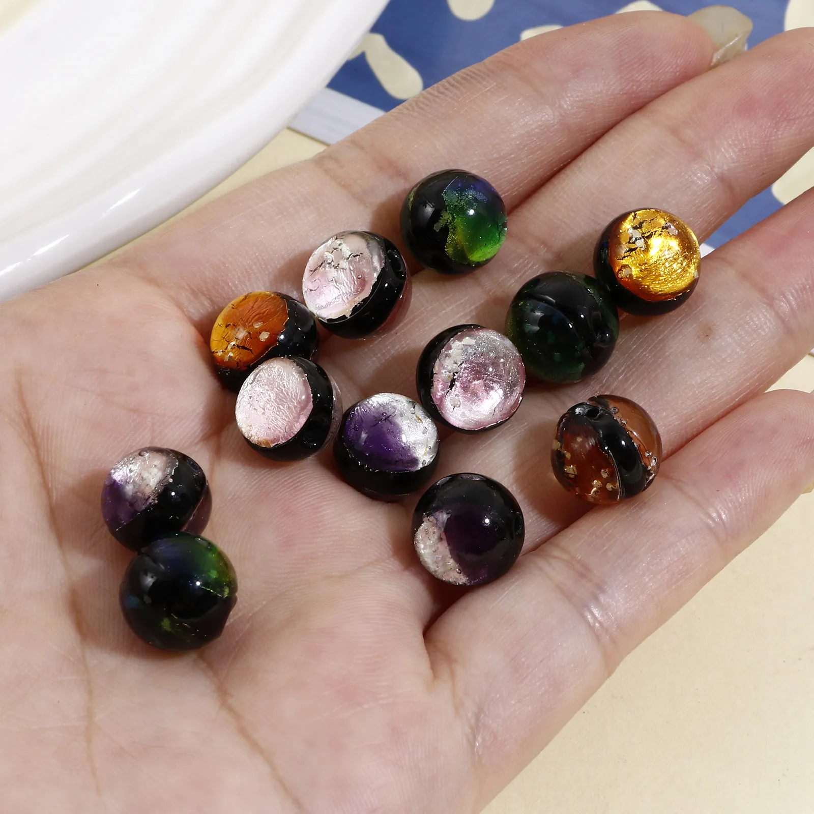 Round Lampwork Glass Beads For DIY Charm Jewelry Making Findings Foil Beads Wholesale About 10mm Dia, Hole: Approx 1.6mm, 2 PCs