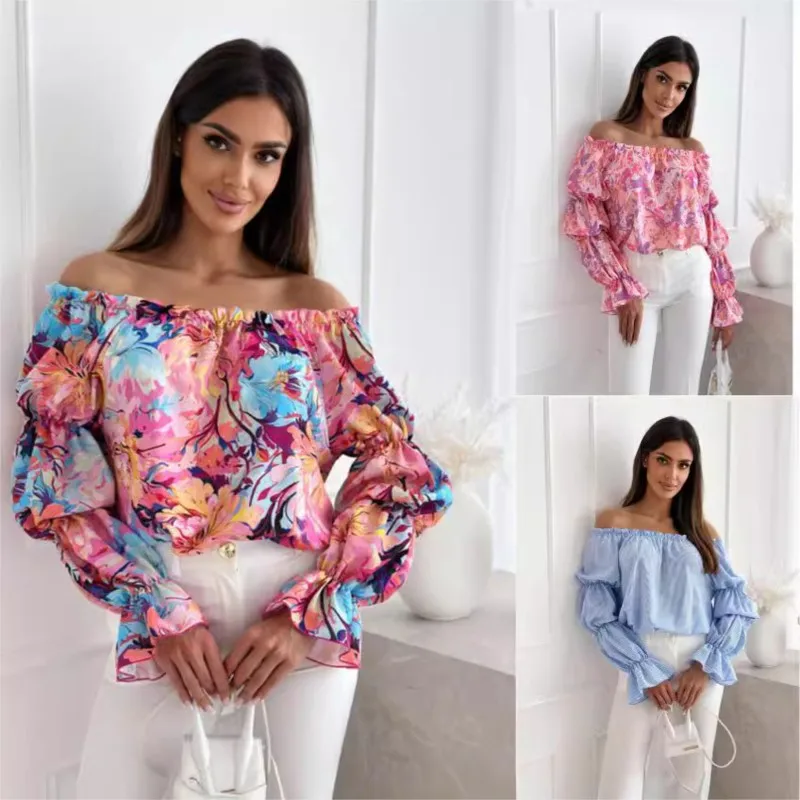 Floral Print Sexy One-shoulder Shirt Women Elegant Fashion Pleated Off Shoulder Blouse For Women 2024 Casual Loose Ruffles Tops