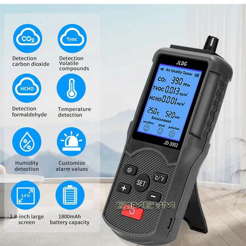 Indoor Air Quality Monitor CO2 Formaldehyde HCHO TVOC Detector Handheld Air Gas Tester with Temperature Humidity for Home Office