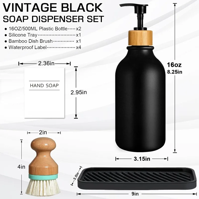 Hand and Dish Soap Dispenser Set, Plastic Kitchen Soap Dispenser Set with Tray, 16 Oz Black Soap Dispenser