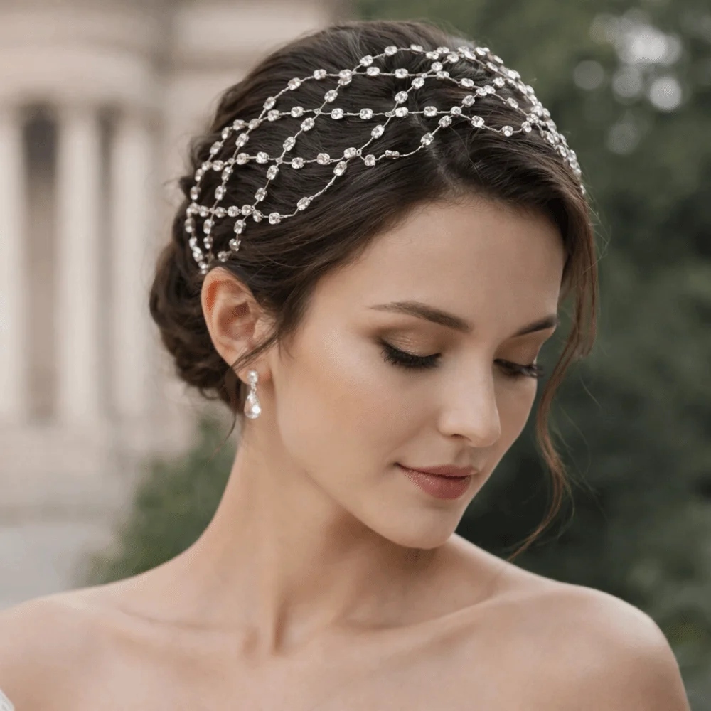 

Изысканная сверкающая сетка-корона для волос, свадебный головной убор ручной работы, тиара со стразами, украшение для волос, обруч для волос невесты, повязка для волос на день рождения