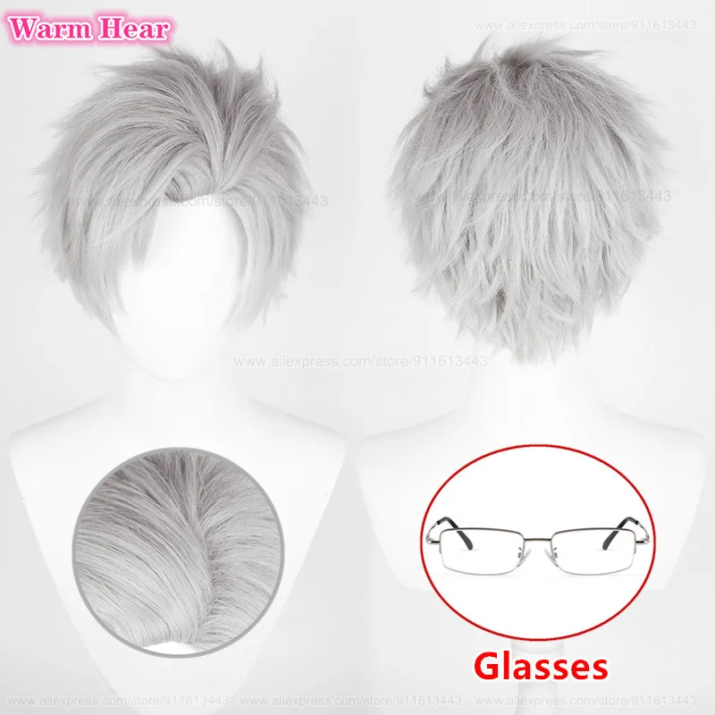 

In Stock Game Sylus Synthetic Short 30cm Grey Cosplay Anime Wig With Glasses Heat Resistant Hair Halloween Party Wigs + Wig Cap