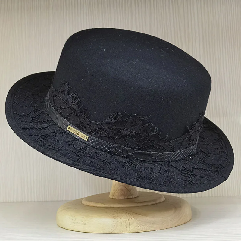 Wool Felt Boater Hat Black Wide Brim Hat Men Women Felt Western Hats Lace Flower Belt Wool Hat