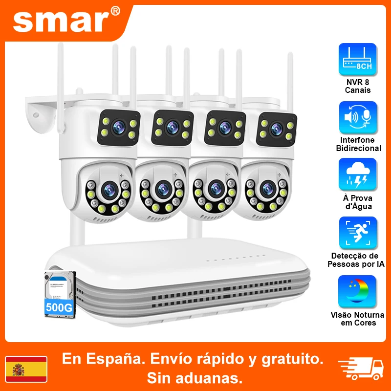 Système de caméras IP sans fil Smar 6MP à double objectif, système CCTV 8CH NVR, audio bidirectionnel, caméra de sécurité extérieure PTZ WIFI, kit de surveillance vidéo