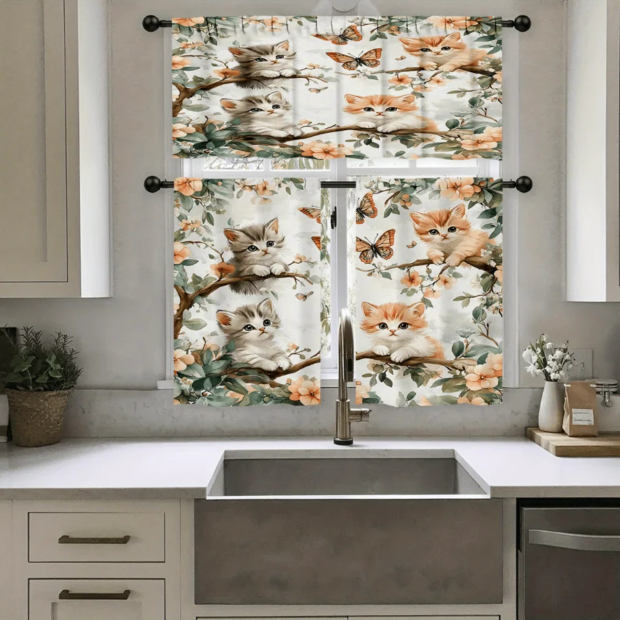 Cute Kitten Butterfly Orange Flower Print Kitchen Curtain, Branch Design Rod Pocket Tiers for Kitchen Cafe Home Decor