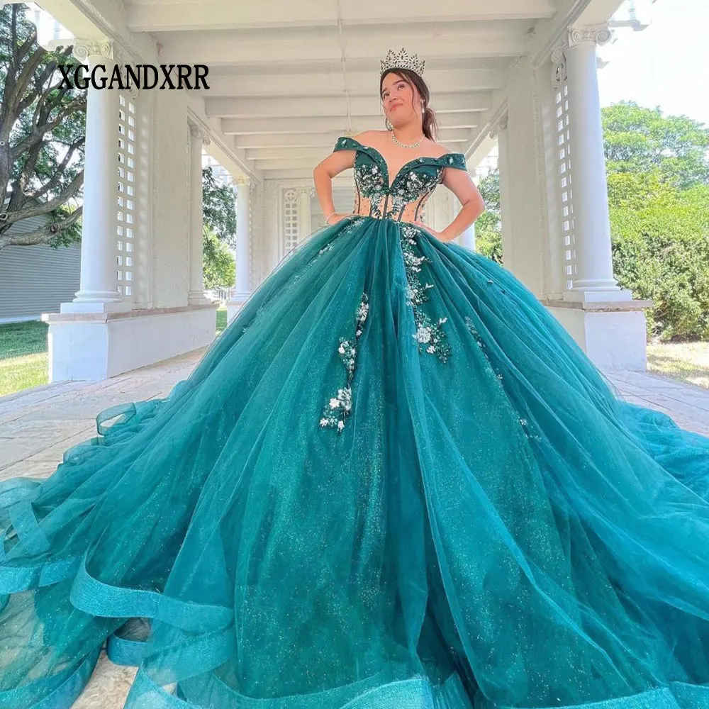 Vestido De quinceañera verde 2026 princesa sin hombros flor volante capa princesa dulce 16 Vestido De XV Años dulce 15 cumpleaños